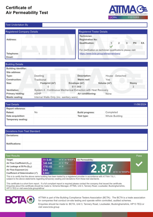 UK Air Tightness Certificate